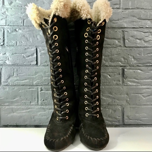 Miu Miu Shoes - MIU MIU BROWN Suede lace-up wedge boots